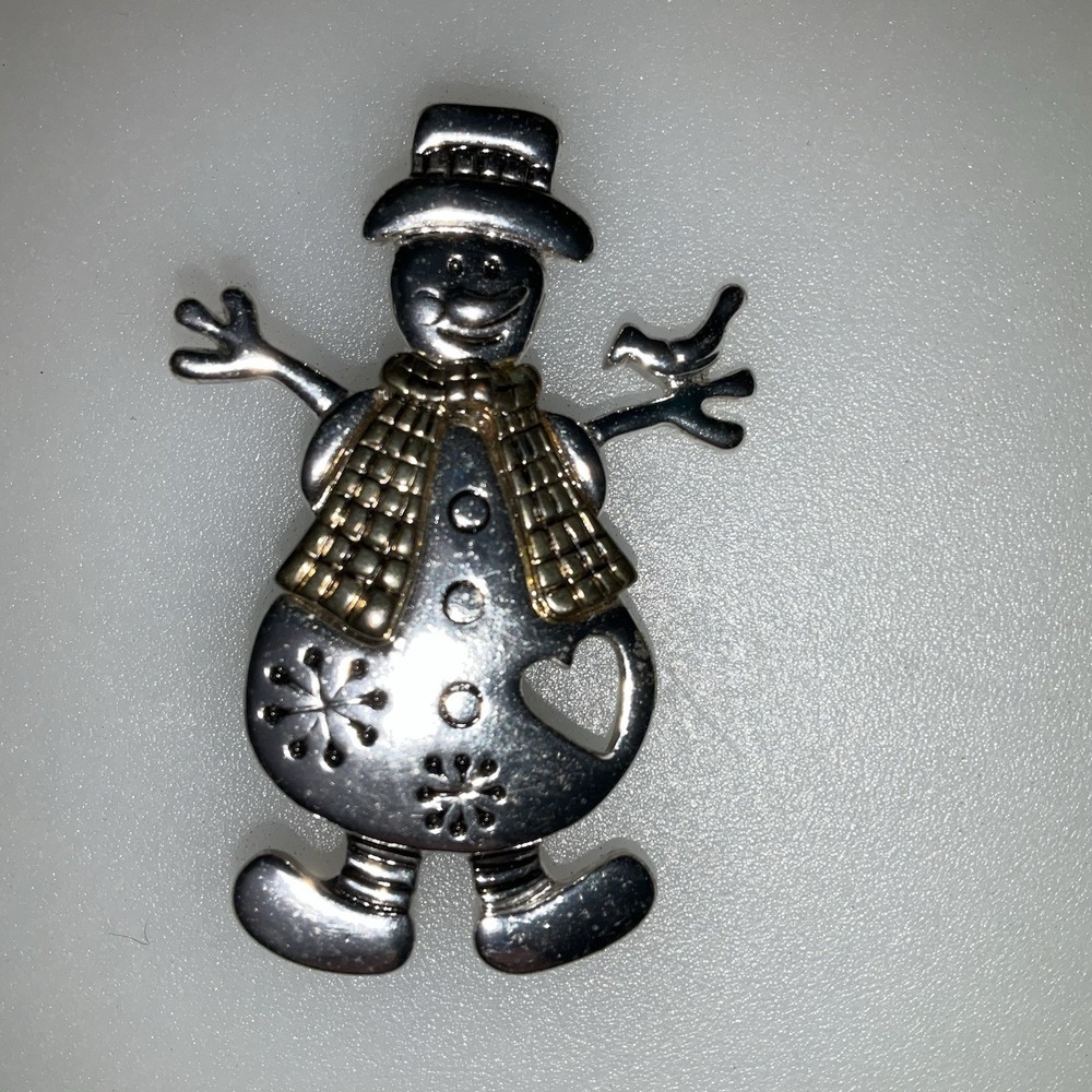 Vintage Snowman Pin Brooch Silver & Gold Tones Christmas Winter 2"